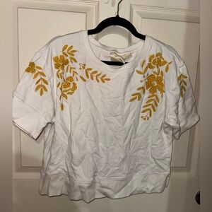 Maeve Anthropologie white Top with Yellow floral Embroidery M NWT fall boho